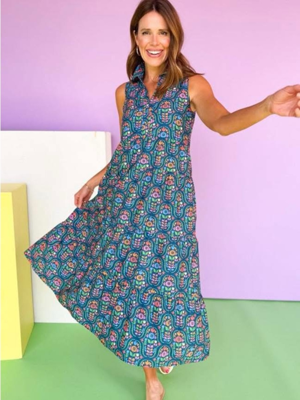 NWOT SSYS Sleeveless Emery Midi Dress In Teal Folk Floral
